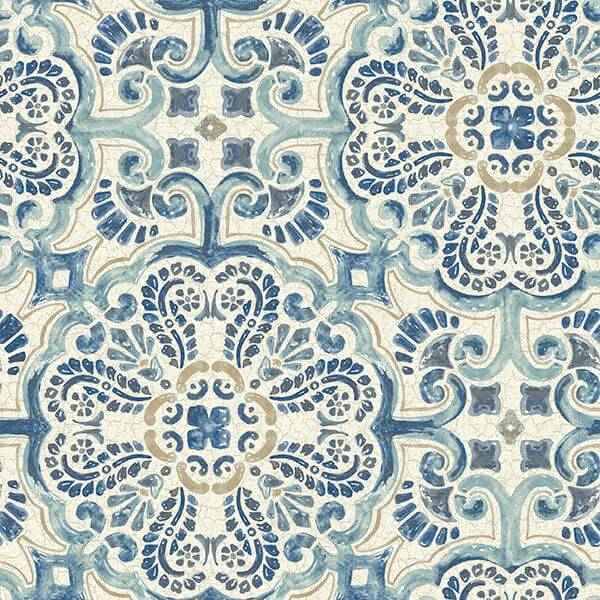 Blue Florentine Tile Peel and Stick Wallpaper - York Wallcoverings - NUS2235