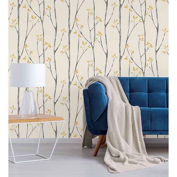Ingrid Mustard Scandi Tree Wallpaper - York Wallcoverings - UW24776 - York Wallcoverings Wallpaper