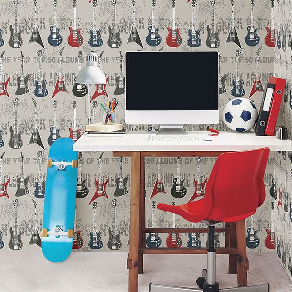 richards-red-rock-star-guitar-stripe-wallpaper-york-wallcoverings-hn002639 - York Wallcoverings Wallpaper