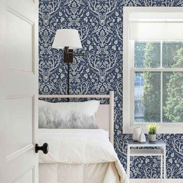 Kiwassa Navy Antler Damask Wallpaper - York Wallcoverings - 3118-12703