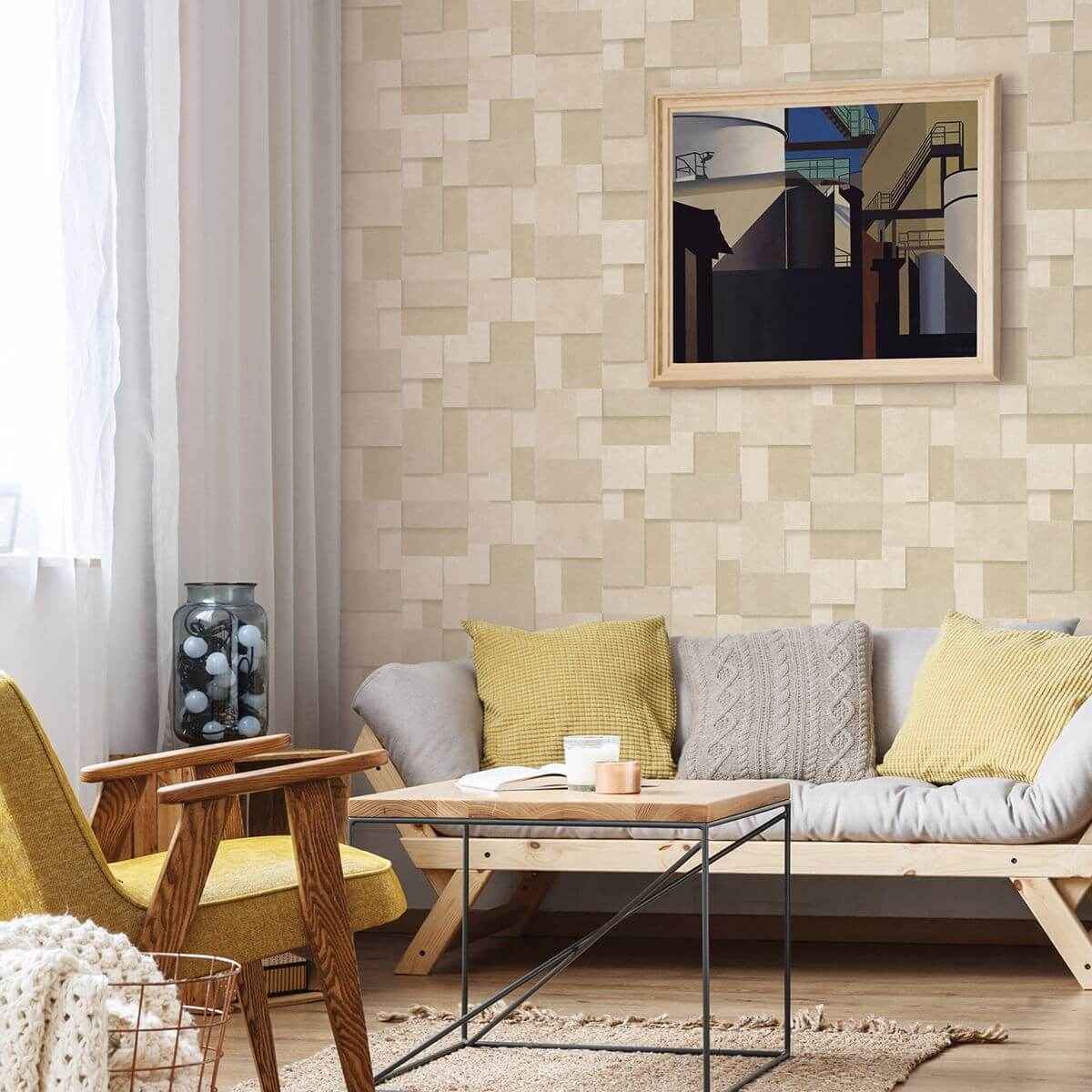 Duchamp Wheat Metallic Squares Wallpaper - York Wallcoverings - 2922-25355 - York Wallcoverings Wallpaper