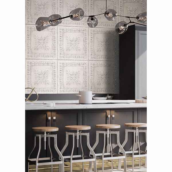 Hazley White Ornament Tin Tile Wallpaper - York Wallcoverings - 2904-24031