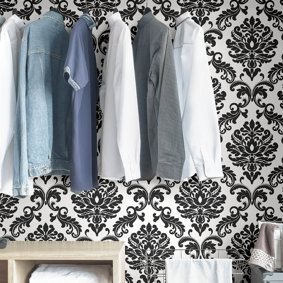 ariel-black-and-white-damask-peel-and-stick-wallpaper-york-wallcoverings-nus1646 - York Wallcoverings Wallpaper