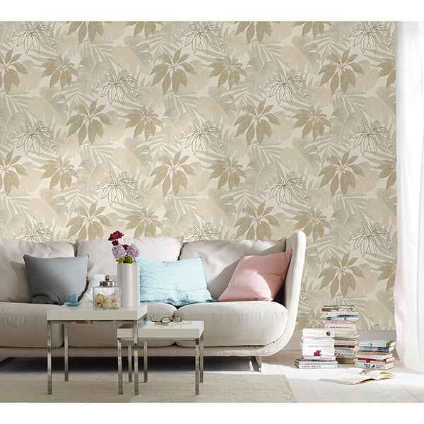 Nona Beige Tropical Leaves Wallpaper - York Wallcoverings - MG31602 - York Wallcoverings Wallpaper