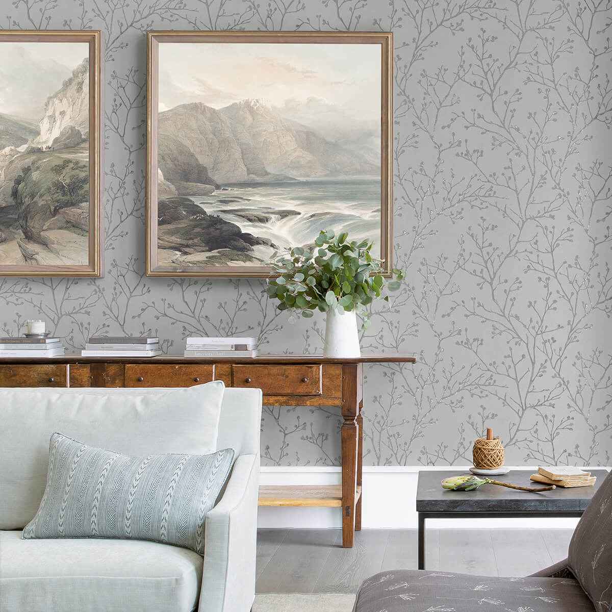 Koura Platinum Budding Branches Wallpaper - York Wallcoverings - 4019-86456 - York Wallcoverings Wallpaper