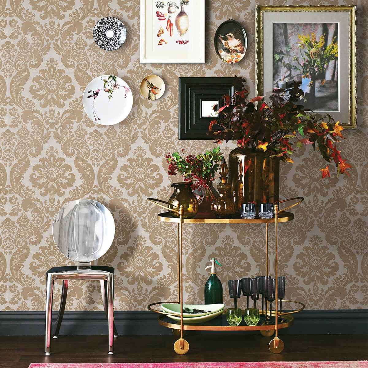 Shadow Khaki Flocked Damask Wallpaper - York Wallcoverings - 2763-87314 - York Wallcoverings Wallpaper