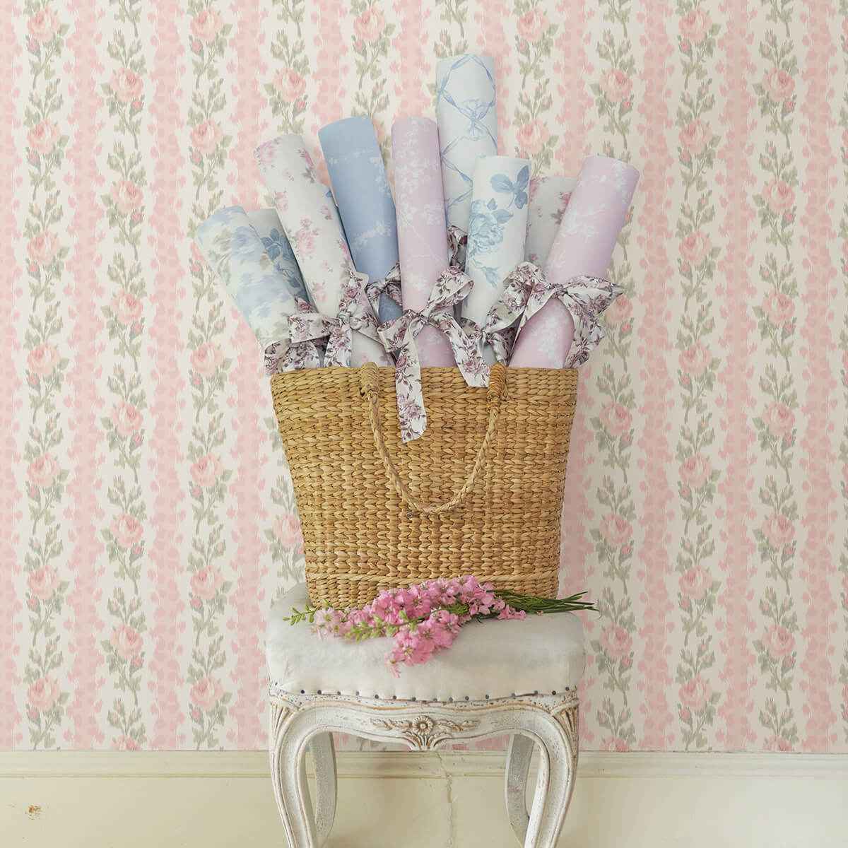 Blooming Heirloom Marie Pink Rose Stripe Wallpaper - York Wallcoverings - AST4105 - York Wallcoverings Wallpaper