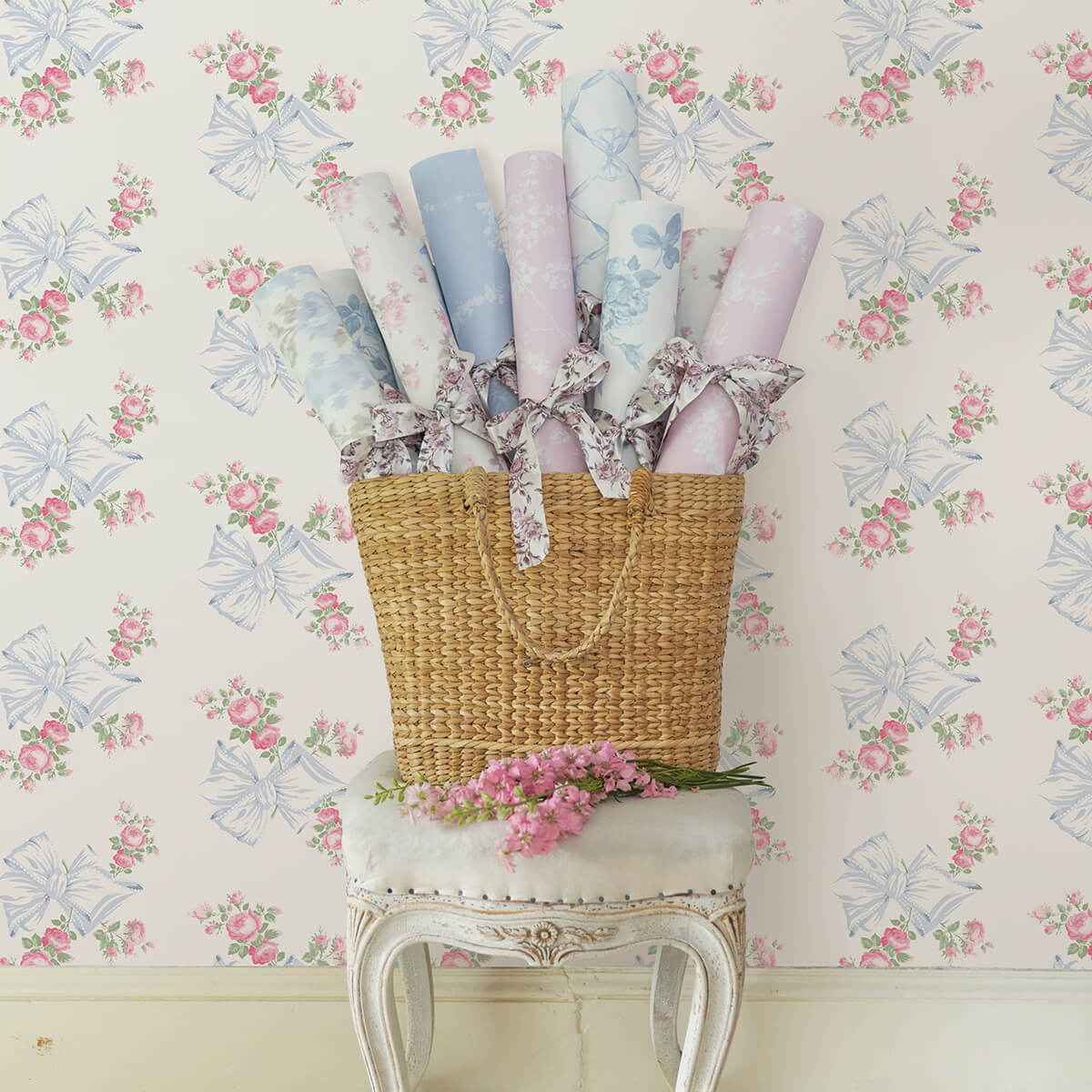 Rosa Beaux Pastel Blue Large Bow Spot Wallpaper - York Wallcoverings - AST4113 - York Wallcoverings Wallpaper