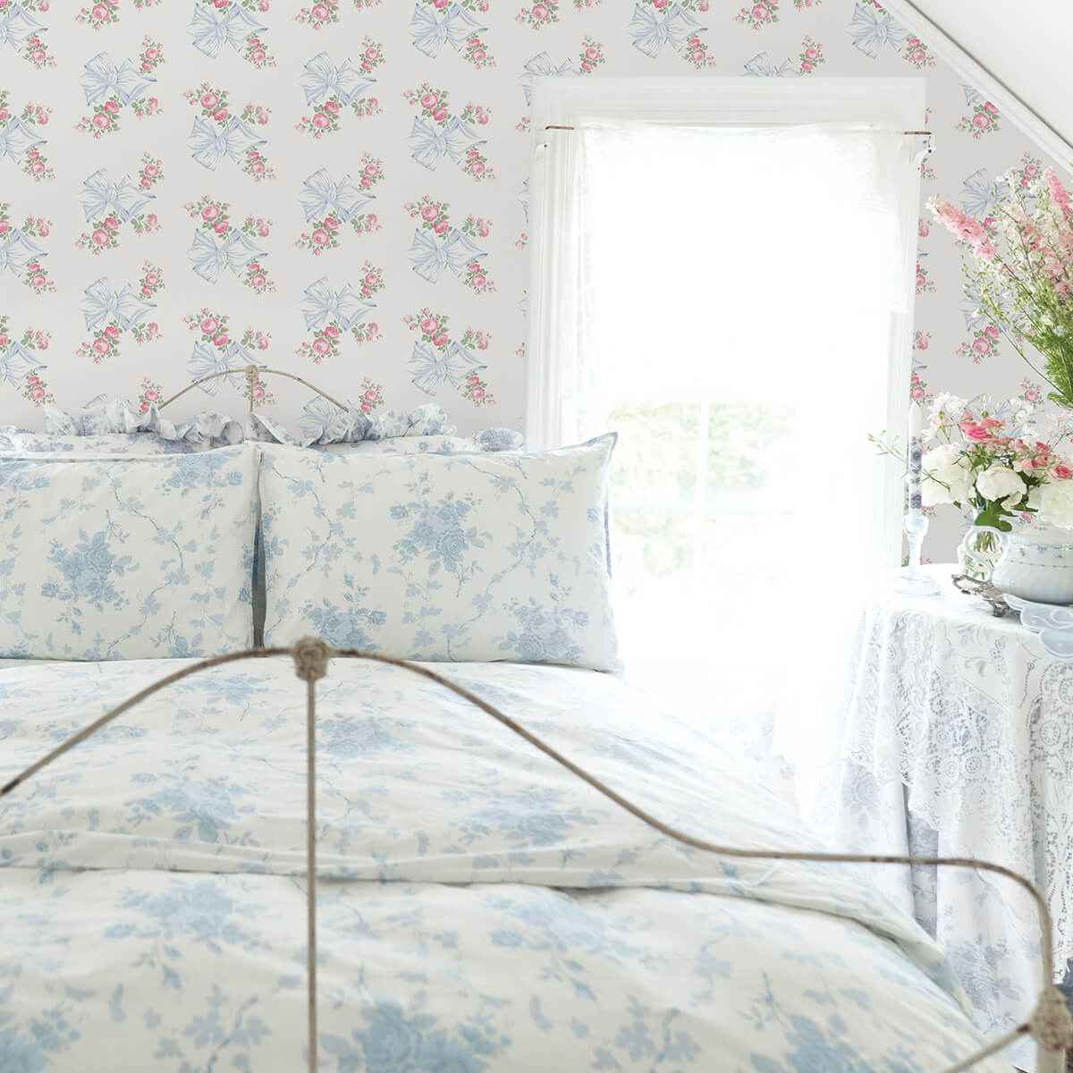 Rosa Beaux Pastel Blue Large Bow Spot Wallpaper - York Wallcoverings - AST4113