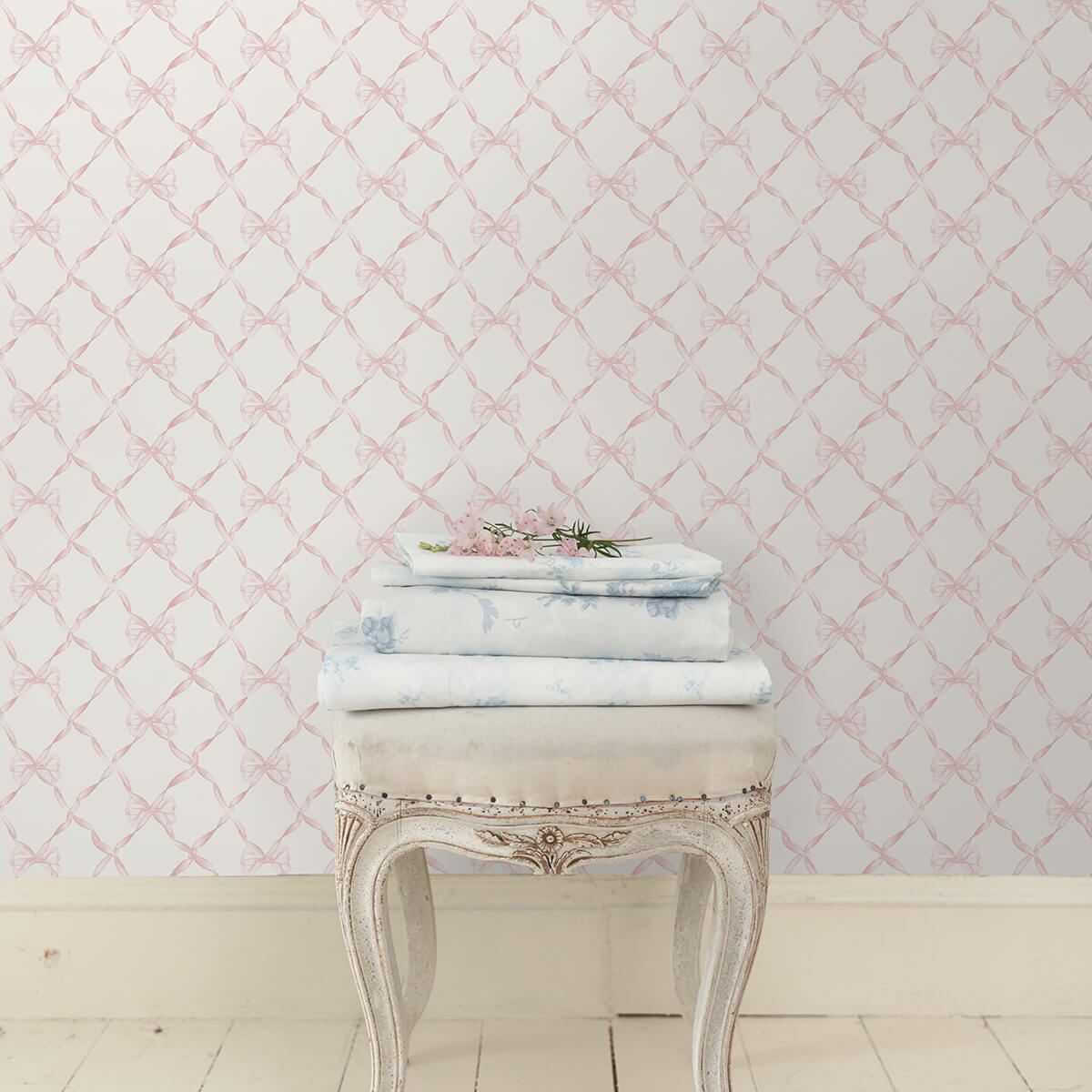 baby-bow-faded-primrose-ribbon-trellis-wallpaper-york-wallcoverings-ast4114 - York Wallpaper Wallpaper