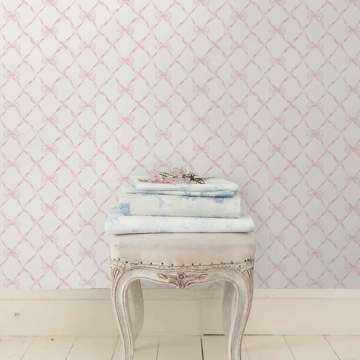 Baby Bow Faded Primrose Ribbon Trellis Wallpaper - York Wallcoverings - AST4114 - York Wallcoverings Wallpaper