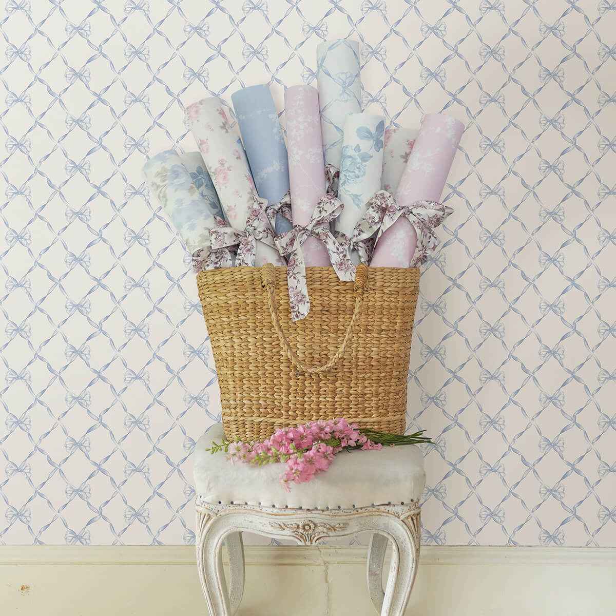 Baby Bow Blue Bella Ribbon Ribbon Trellis Wallpaper - York Wallcoverings - AST4168 - York Wallcoverings Wallpaper