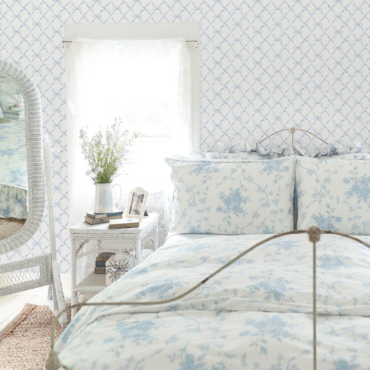 baby-bow-blue-bella-ribbon-ribbon-trellis-wallpaper-york-wallcoverings-ast4168 - York Wallpaper Wallpaper