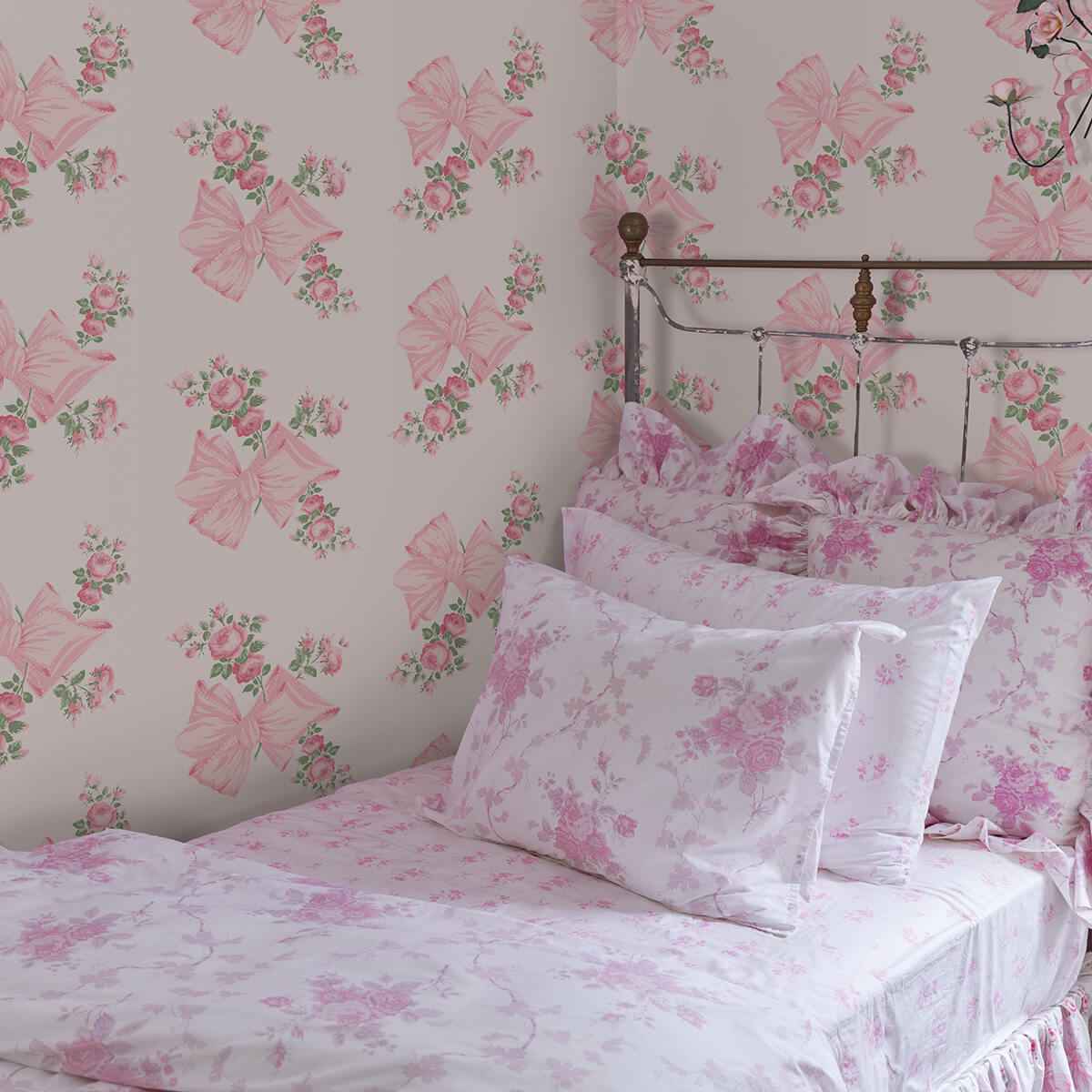 Rosa Beaux Pink Mint Large Bow Spot Wallpaper - York Wallcoverings - AST4169 - York Wallcoverings Wallpaper