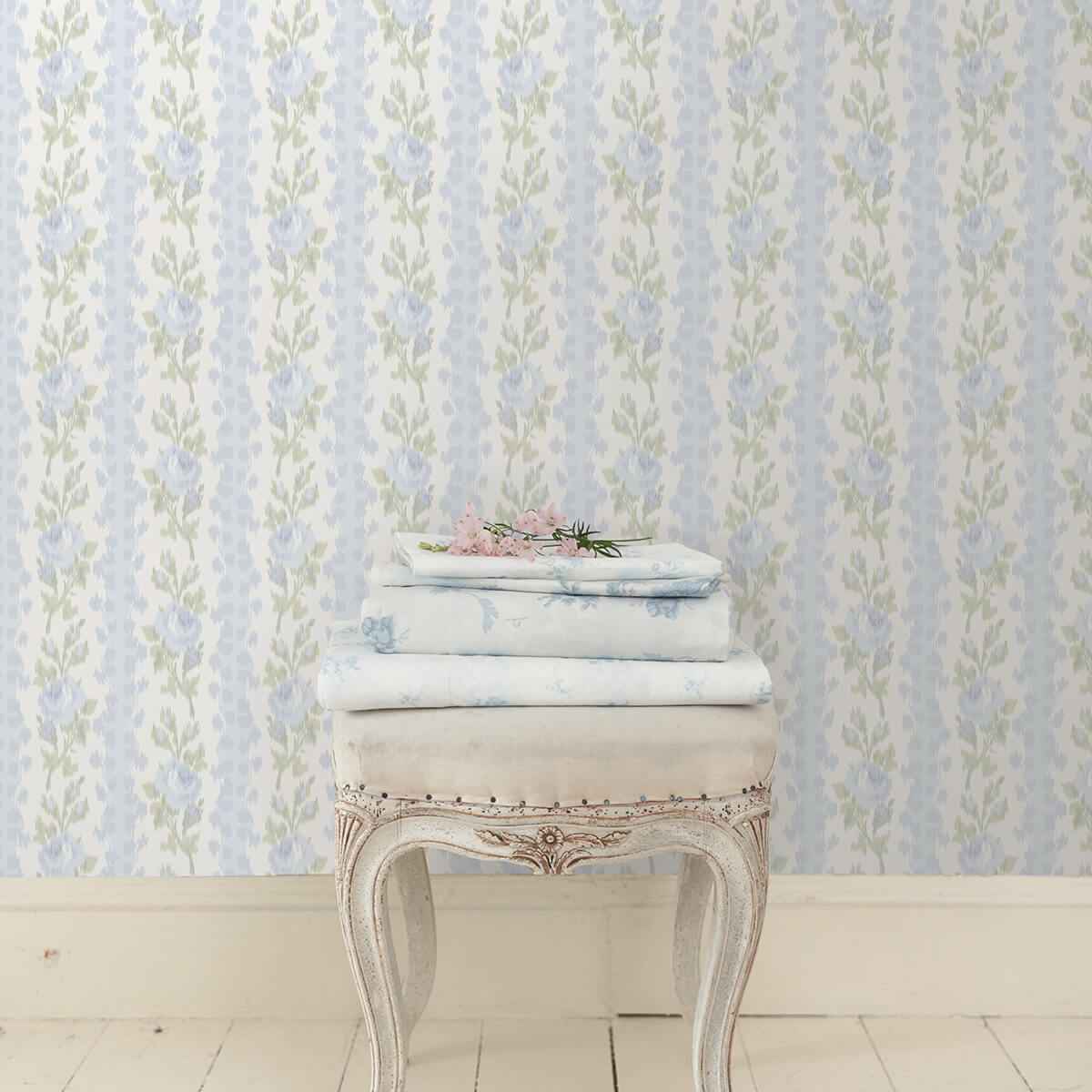 Blooming Heirloom Blue Romance Rose Stripe Wallpaper - York Wallcoverings - AST4171 - York Wallcoverings Wallpaper