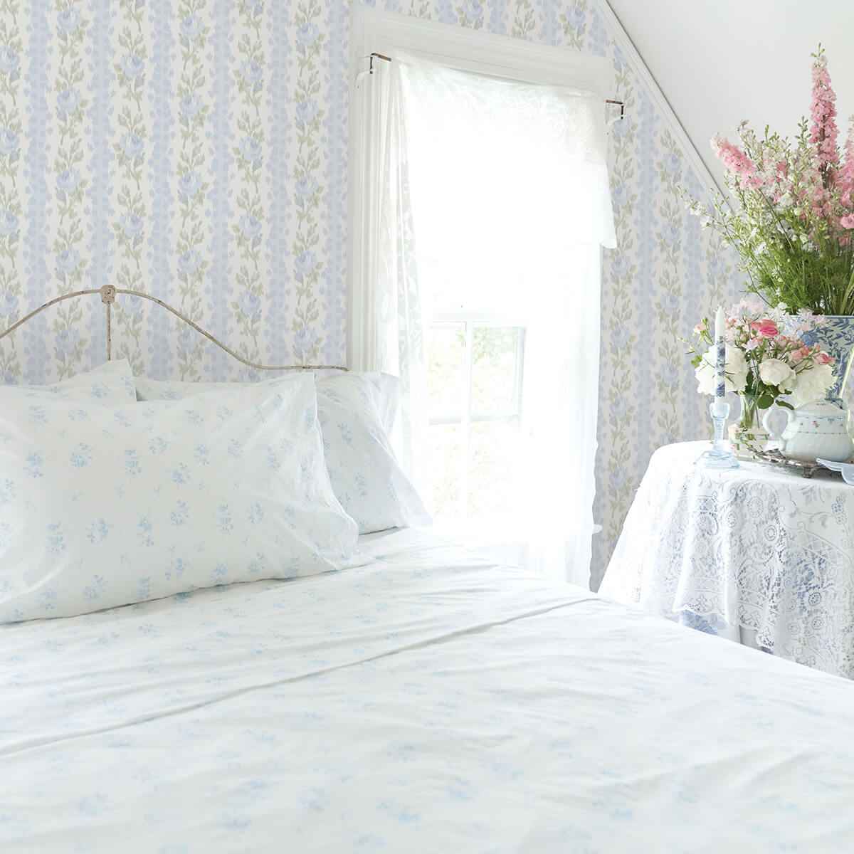 Blooming Heirloom Blue Romance Rose Stripe Wallpaper - York Wallcoverings - AST4171 - York Wallcoverings Wallpaper
