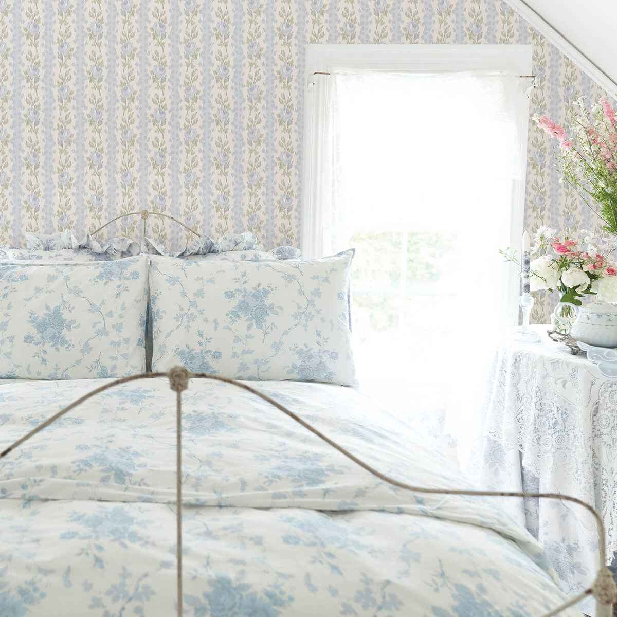 Blooming Heirloom Blue Romance Rose Stripe Wallpaper - York Wallcoverings - AST4171 - York Wallcoverings Wallpaper