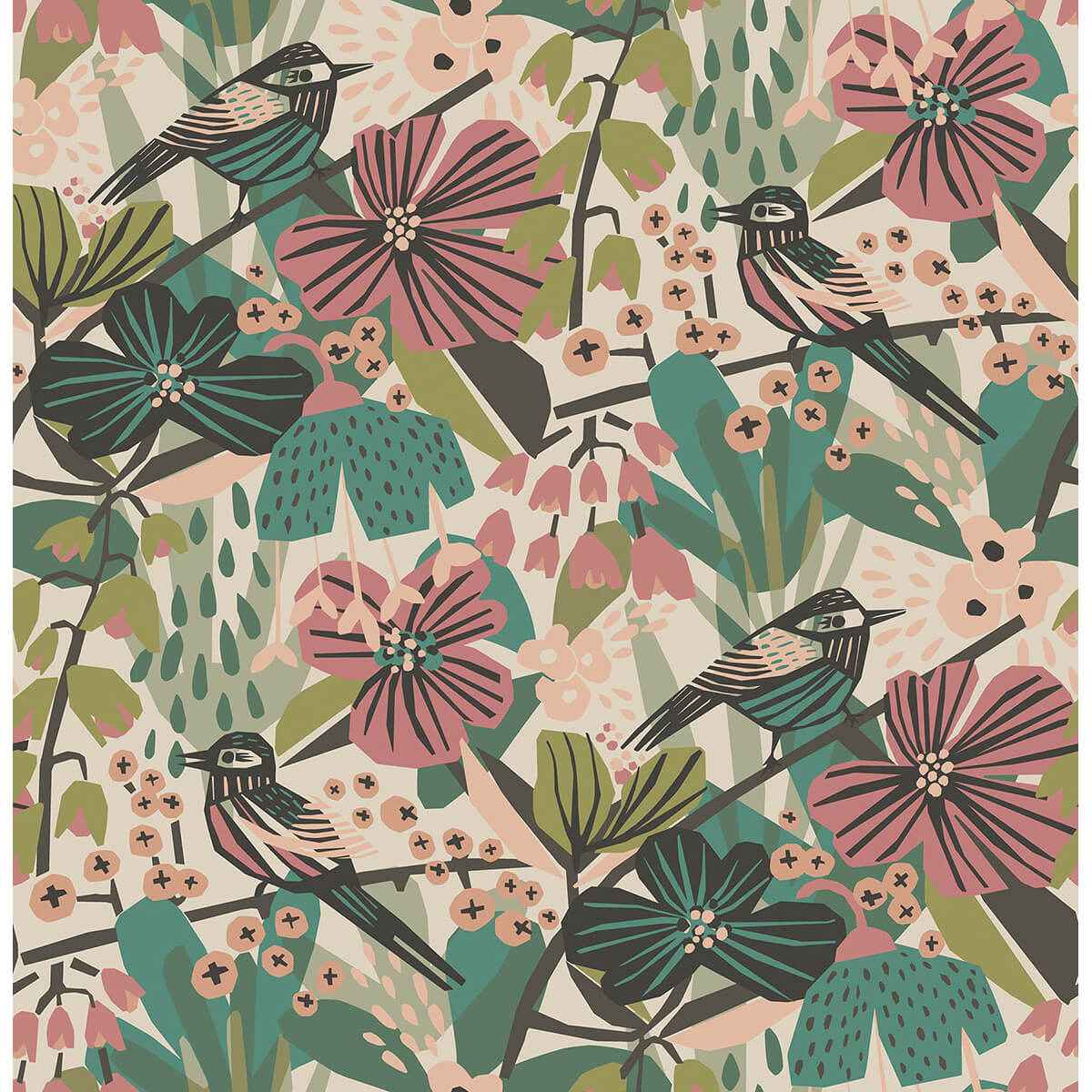 Teal Pink Jaybird Peel and Stick Wallpaper - York Wallcoverings - PLS4216 - York Wallcoverings Wallpaper
