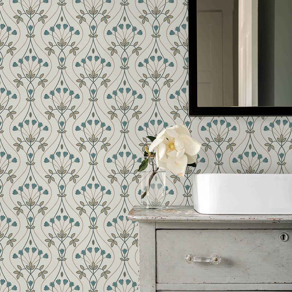 dard-teal-tulip-ogee-wallpaper-york-wallcoverings-2970-26145 - York Wallcoverings Wallpaper
