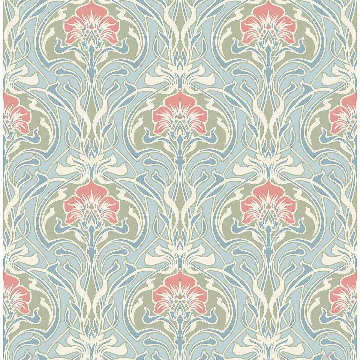 mucha-light-blue-botanical-ogee-wallpaper-york-wallcoverings-2970-26152 - York Wallcoverings Wallpaper