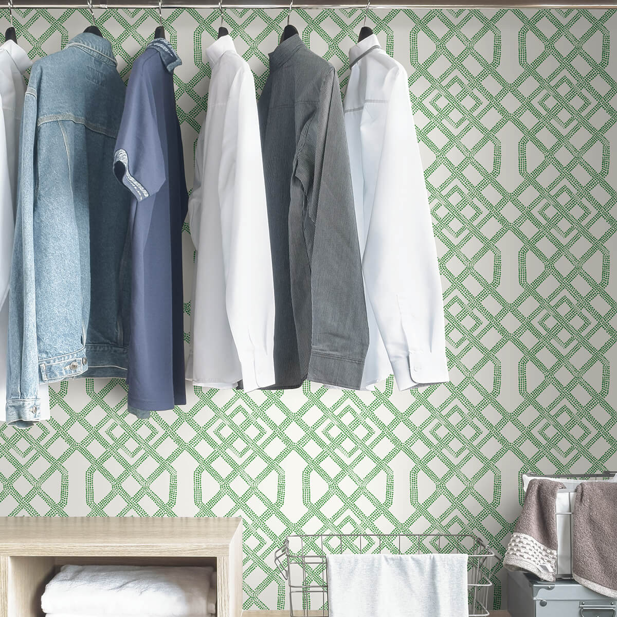 a-classic-trellis-print-with-modern-flair-this-green-and-white-geometric-peel-and-stick-wallpaper-is-york-wallcoverings-nus4382 - York Wallcoverings Wallpaper