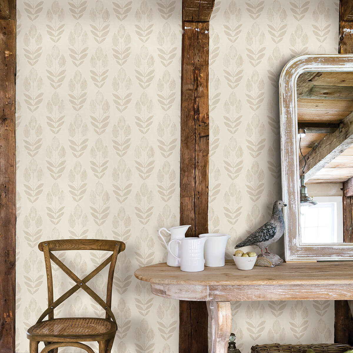 cream-folk-tulip-peel-and-stick-wallpaper-york-wallcoverings-nus4302 - York Wallcoverings Wallpaper