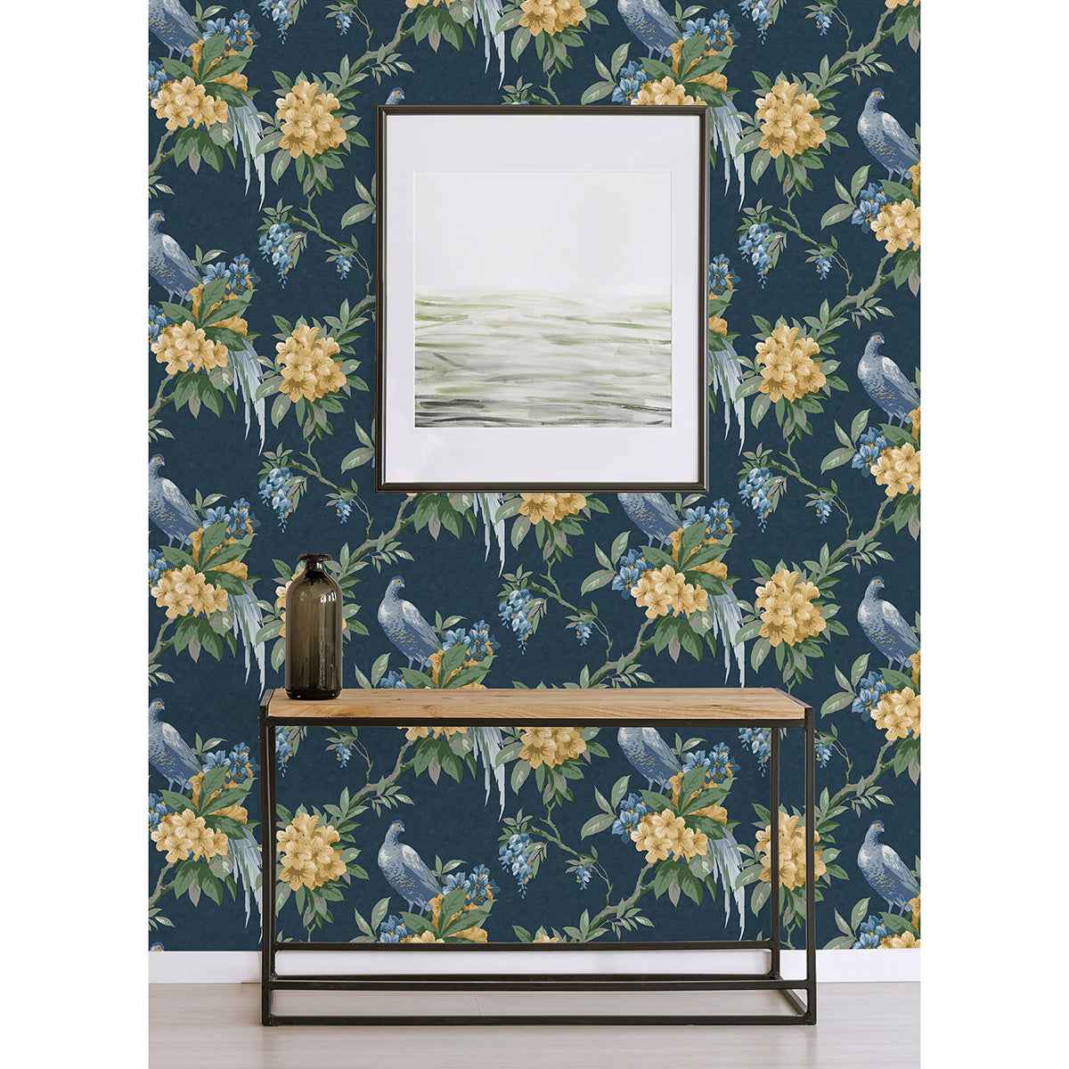Golden Pheasant Dark Blue Floral Wallpaper - York Wallcoverings - M1661