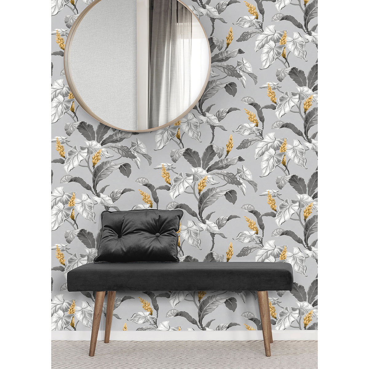 meridian-parade-grey-tropical-leaves-wallpaper-york-wallcoverings-m1691 - York Wallcoverings Wallpaper
