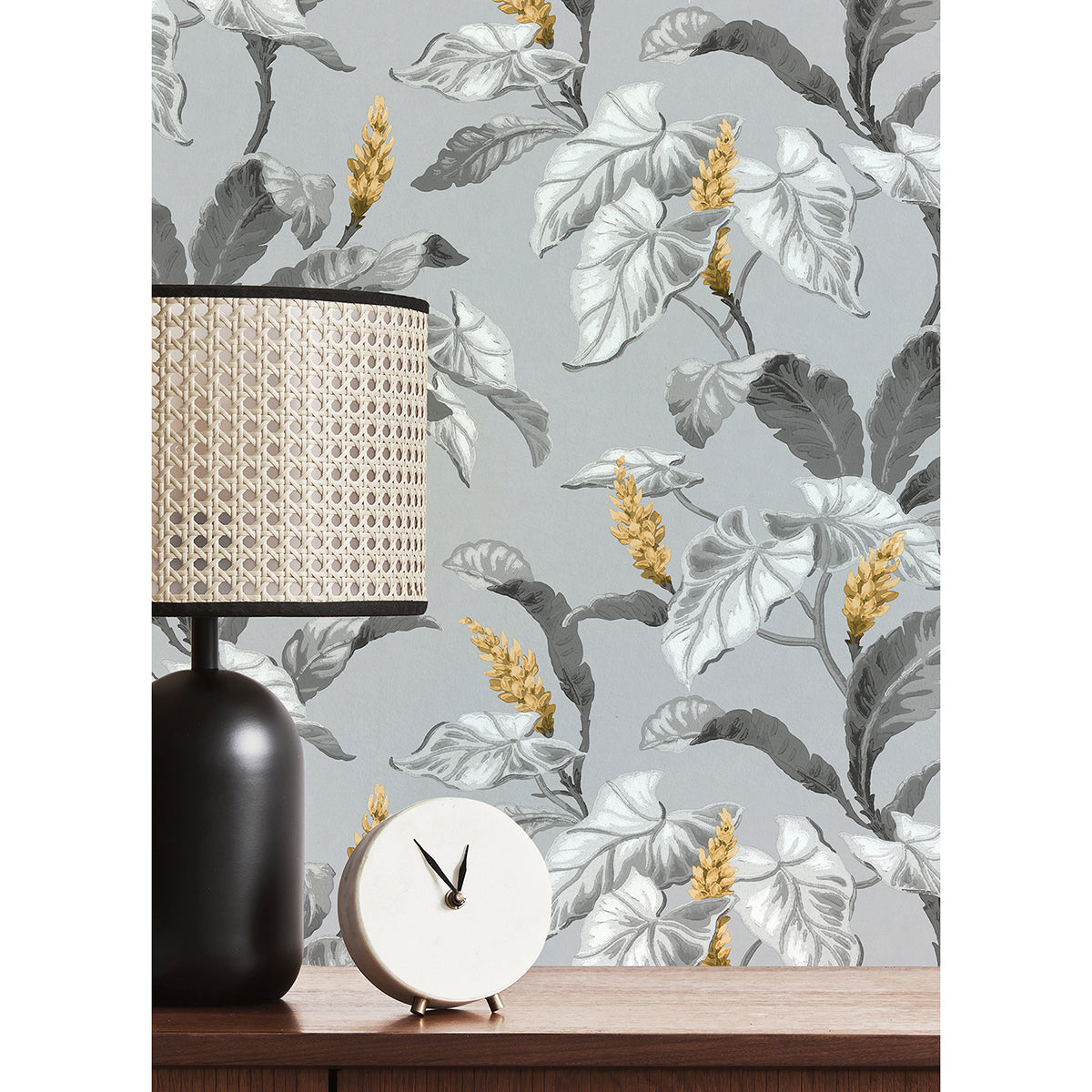 meridian-parade-grey-tropical-leaves-wallpaper-york-wallcoverings-m1691 - York Wallcoverings Wallpaper