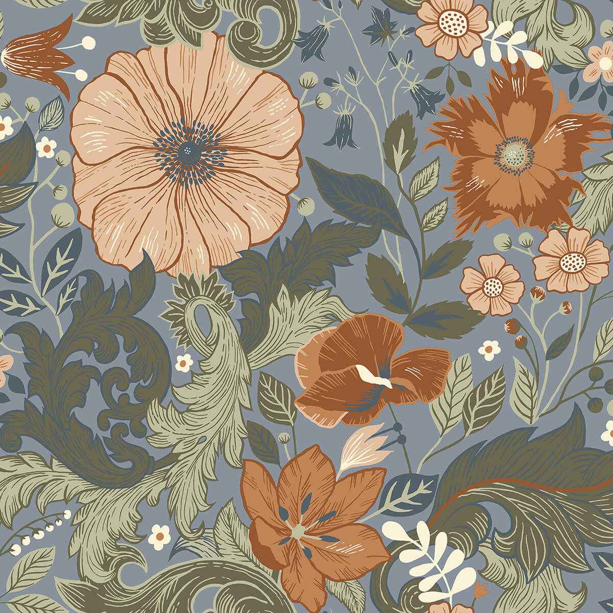 Victoria Blue Floral Nouveau Wallpaper - York Wallcoverings - 2999-13108 - York Wallcoverings Wallpaper