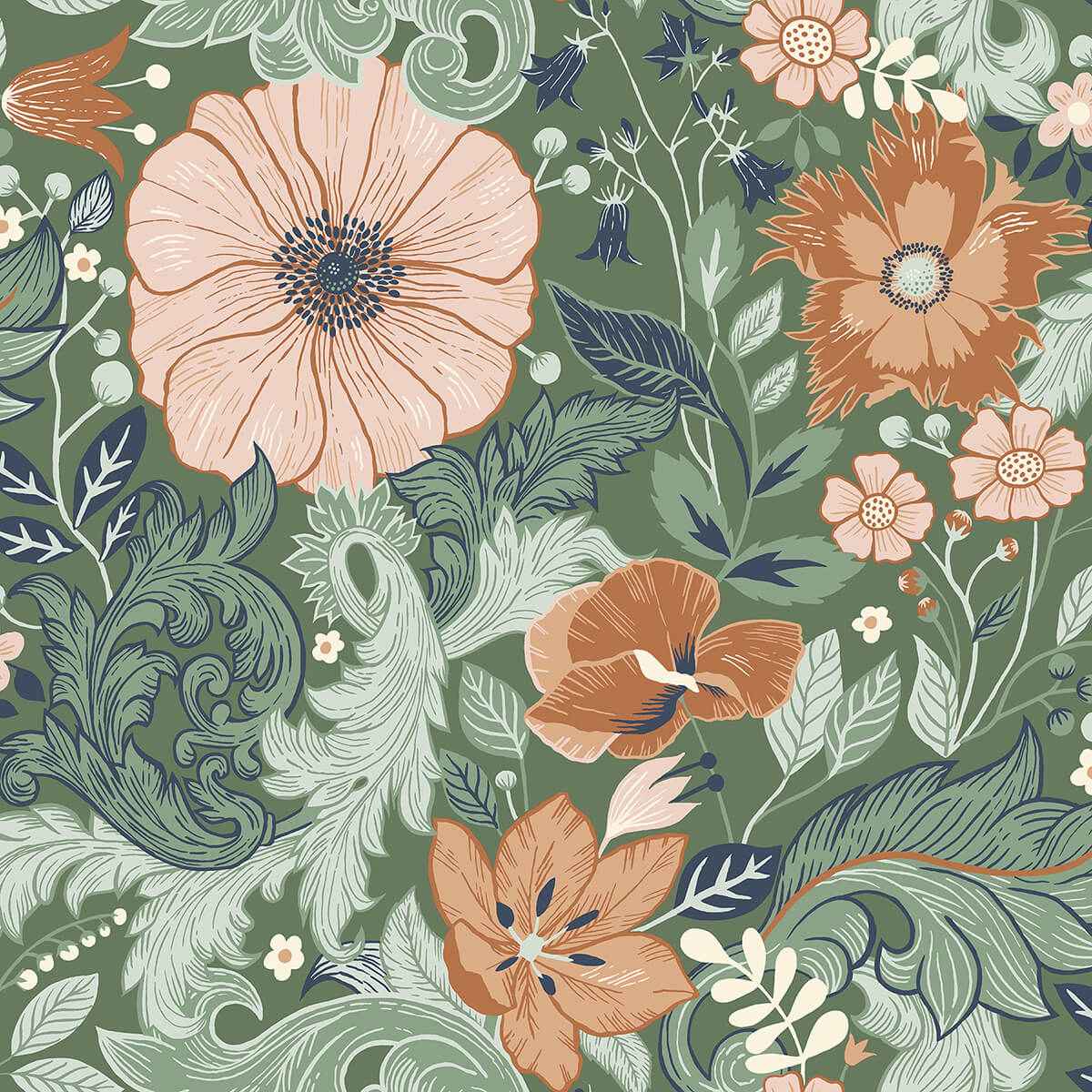 Victoria Green Floral Nouveau Wallpaper - York Wallcoverings - 2999-13109