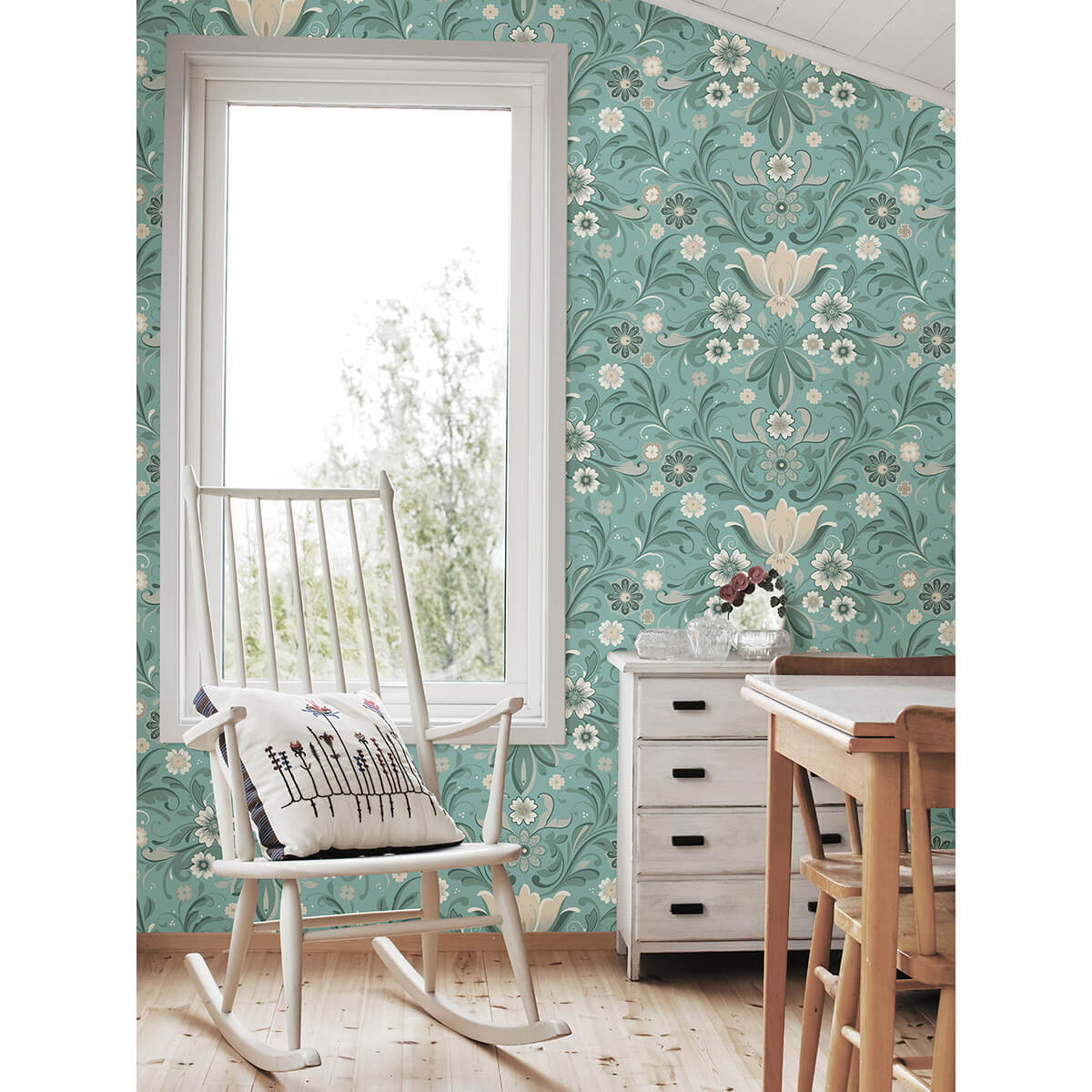 ostanskar-turquoise-retro-floral-wallpaper-york-wallcoverings-2999-24111 - York Wallcoverings Papel pintado