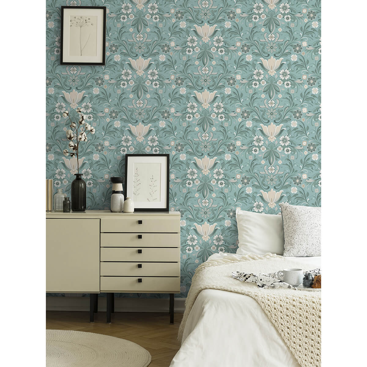 ostanskar-turquoise-retro-floral-wallpaper-york-wallcoverings-2999-24111 - York Wallcoverings Wallpaper