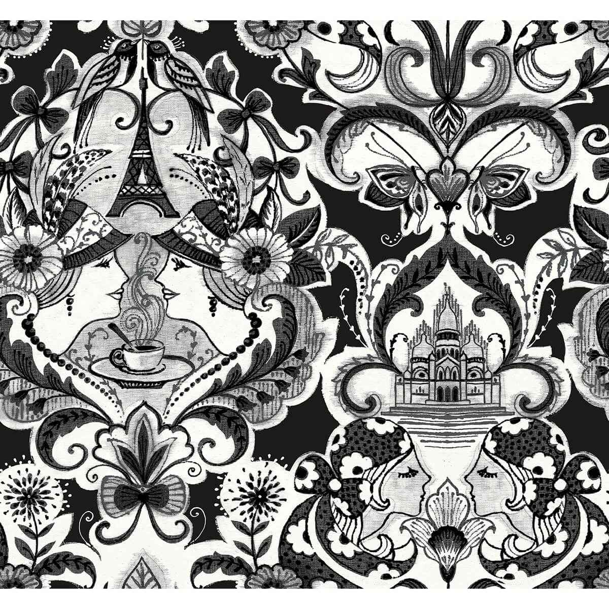 Sadie Black Parisian Damask Wallpaper - York Wallcoverings - 2973-90886 - York Wallcoverings Wallpaper
