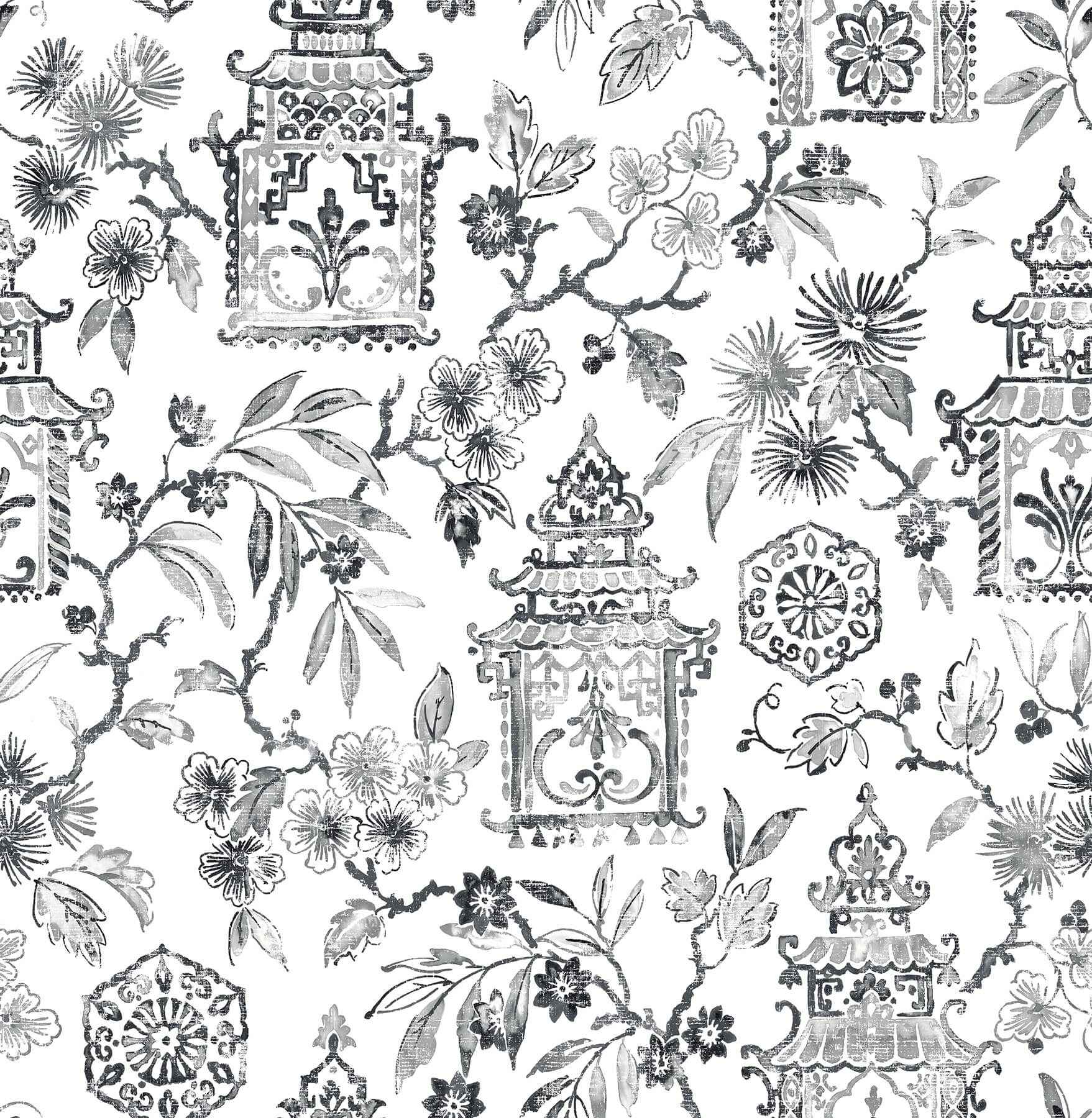 Helaine Charcoal Pagoda Wallpaper - York Wallcoverings - 4081-26311 - York Wallcoverings Wallpaper