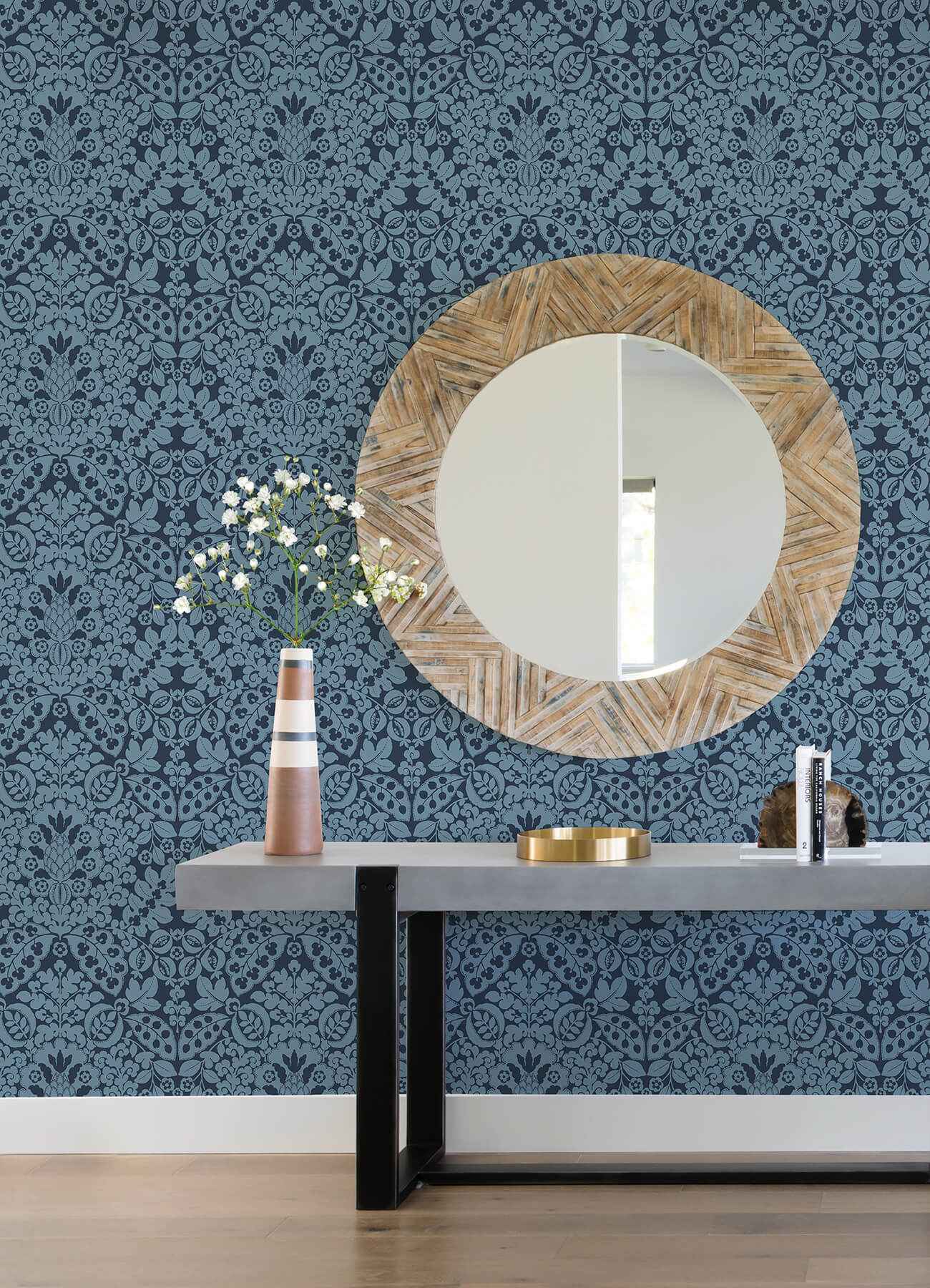 Marni Navy Fruit Damask Wallpaper - York Wallcoverings - 4081-26334 - York Wallcoverings Wallpaper