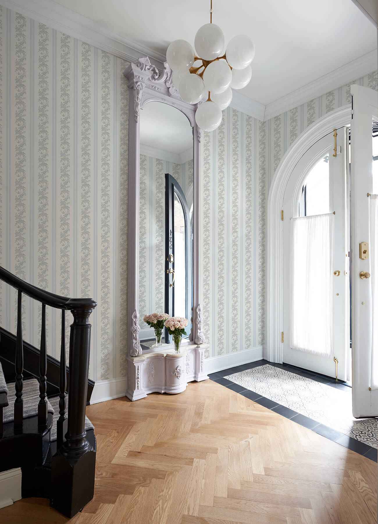 Marigold Wreath Baby Blue Rush Floral Stripe Wallpaper - York Wallcoverings - AST4650 - York Wallcoverings Wallpaper