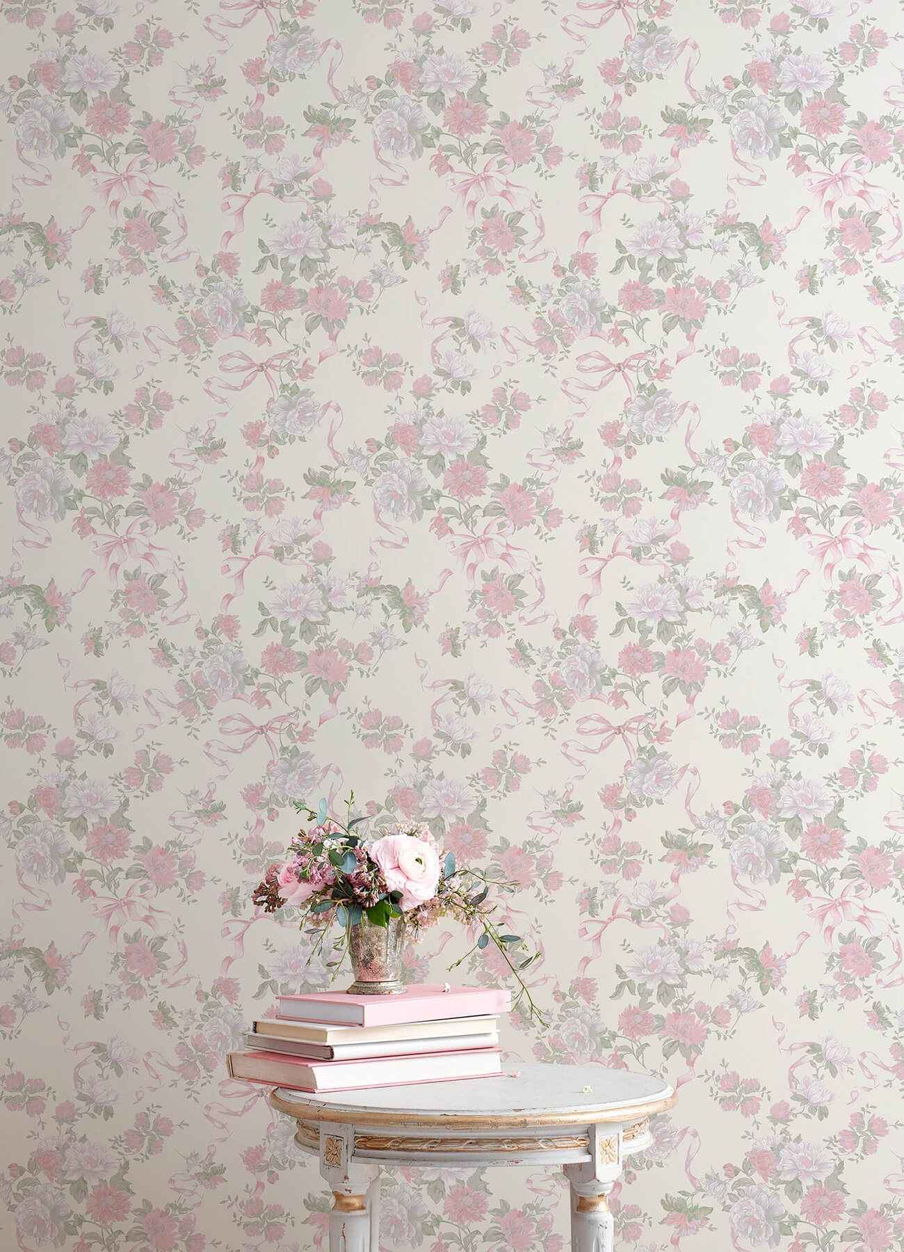 Cabbage Rose Bow Pretty in Pink Ribbons & Roses Wallpaper - York Wallcoverings - AST4653 - York Wallcoverings Wallpaper