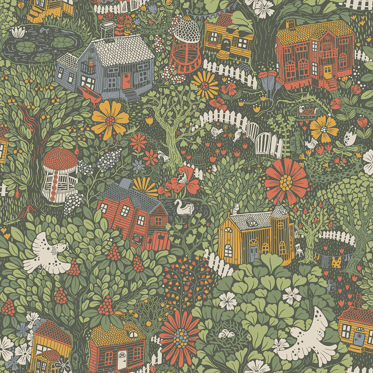 bygga-bo-green-woodland-village-wallpaper-york-wallcoverings-4111-63003 - York Wallcoverings Wallpaper