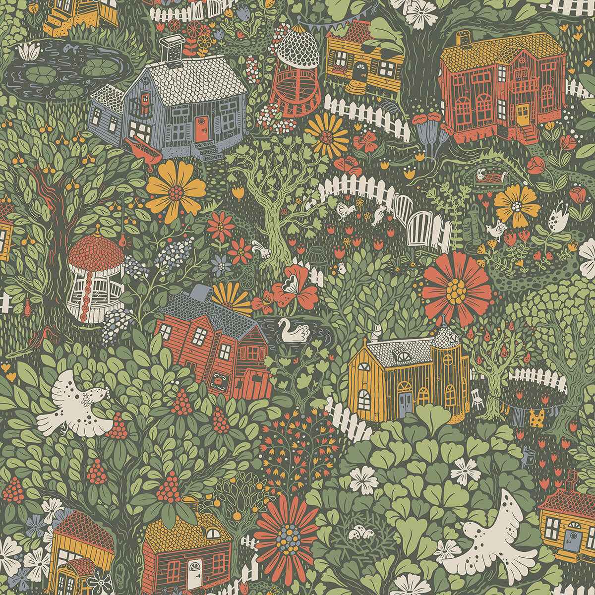 Bygga Bo Green Woodland Village Wallpaper - York Wallcoverings - 4111-63003 - York Wallcoverings Wallpaper