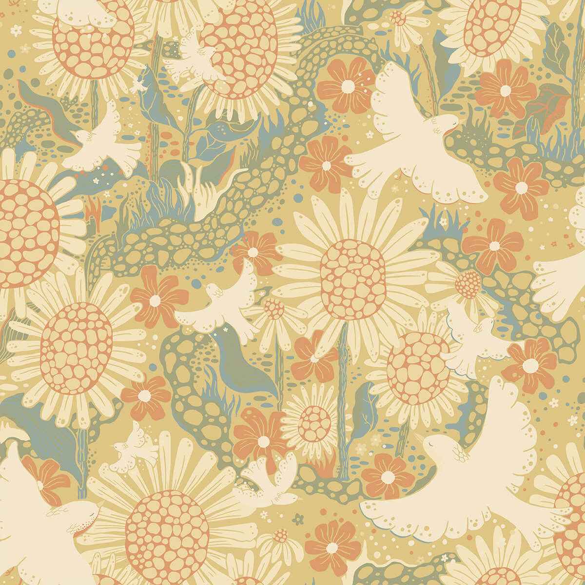 Drömma Coral Songbirds and Sunflowers Wallpaper - York Wallcoverings - 4111-63008 - York Wallcoverings Papel pintado