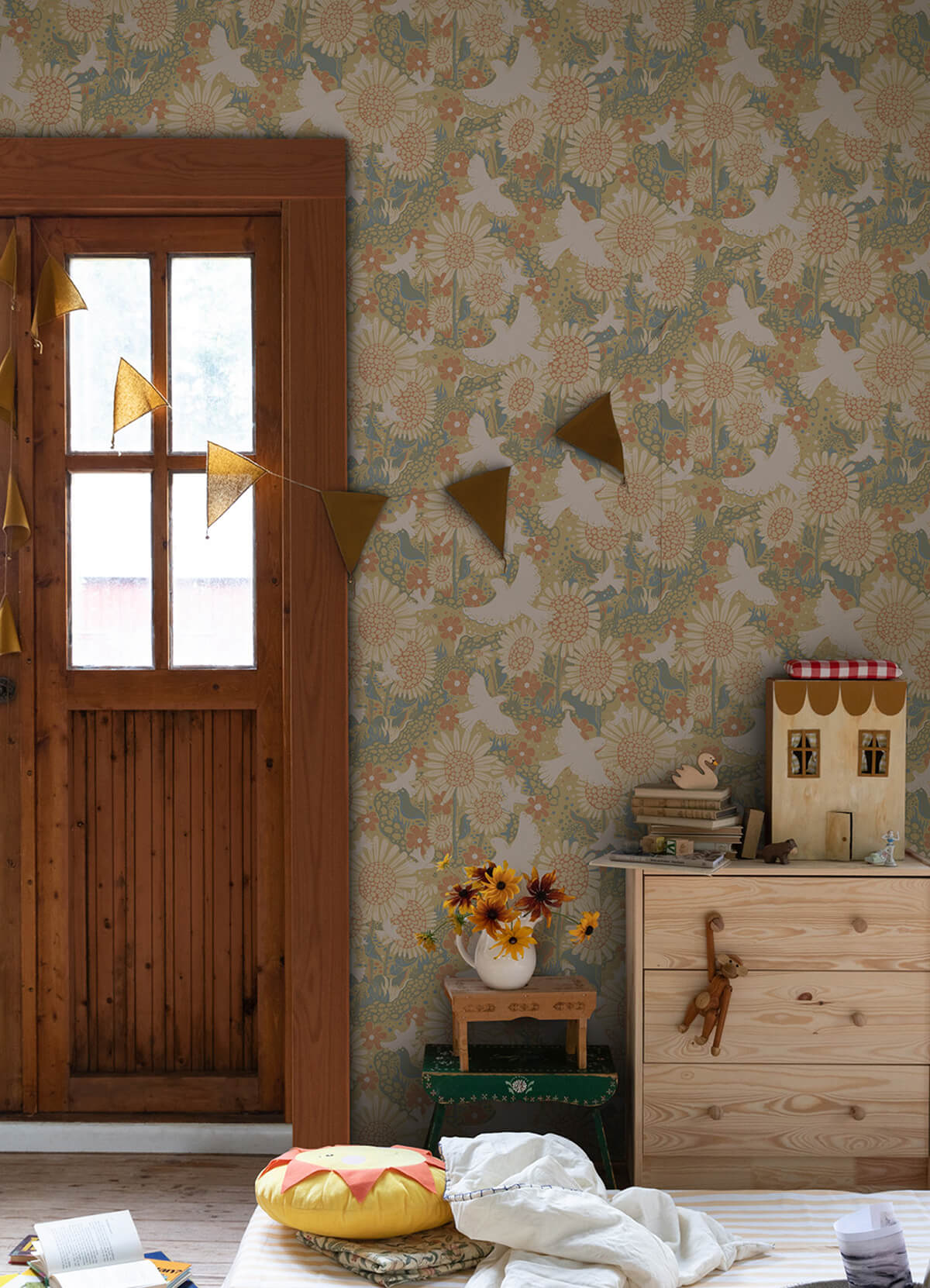 drmma-coral-songbirds-and-sunflowers-wallpaper-york-wallcoverings-4111-63008 - York Wallcoverings Wallpaper