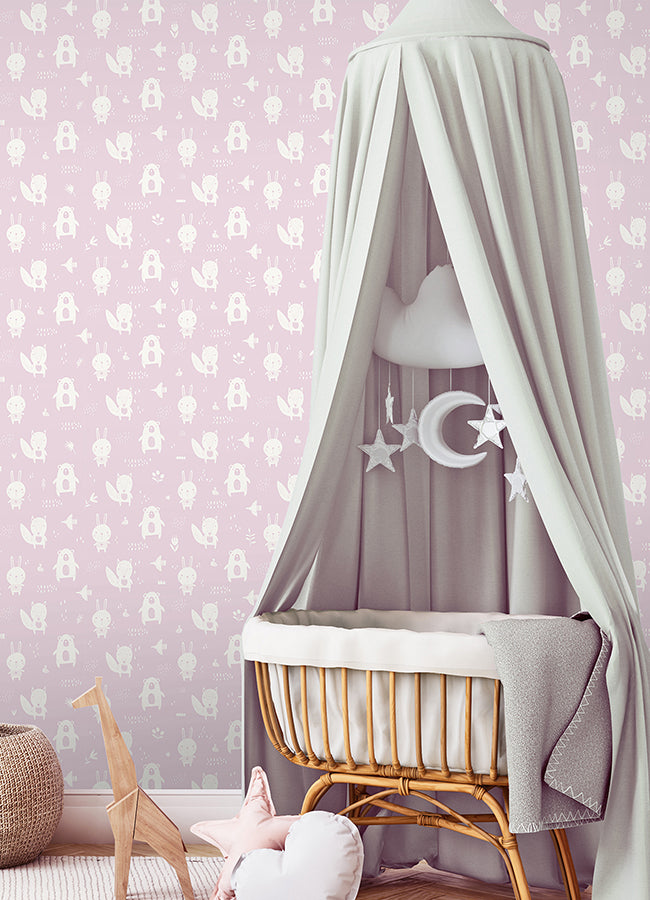 Bitsy Pink Woodland Wallpaper - Brewster Wallcovering