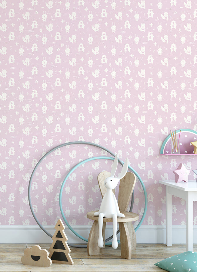 Bitsy Pink Woodland Wallpaper - Brewster Wallcovering