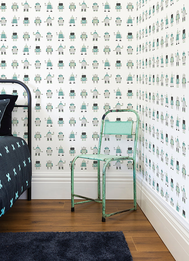 Callum Teal Robots Wallpaper - 4060-138938 - York Wallcovering
