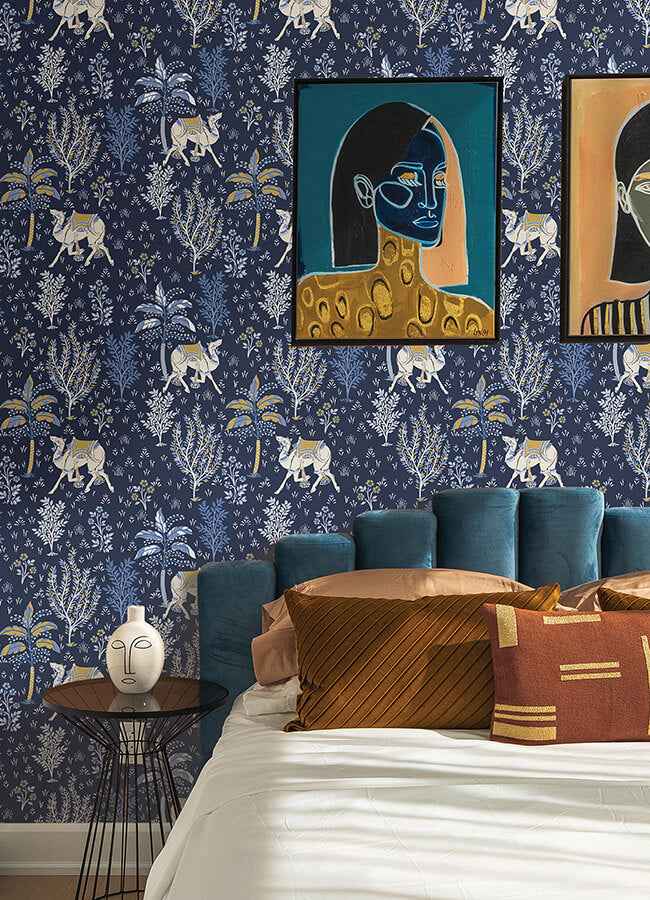 Navy Camels Courtyard Peel and Stick Wallpaper - York Wallcoverings - PFS4808 - York Wallcoverings Wallpaper