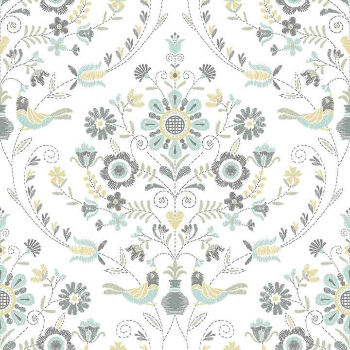 Britt Sea Green Embroidered Damask Wallpaper - York Wallcoverings - 4066-26510 - York Wallcoverings Wallpaper