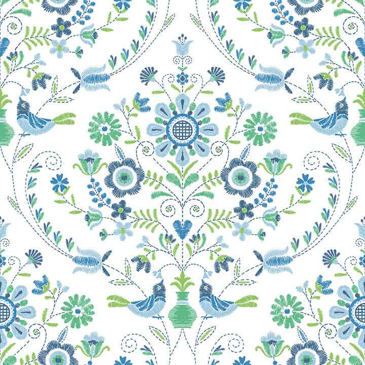 Britt Sapphire Embroidered Damask Wallpaper - York Wallcoverings - 4066-26511