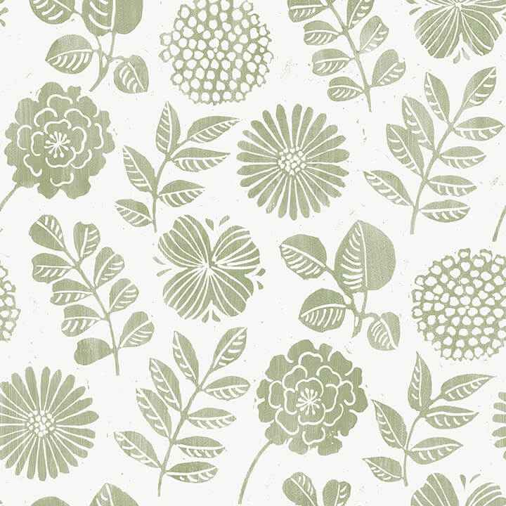 Inge Moss Floral Block Print Wallpaper - York Wallcoverings - 4066-26531 - York Wallcoverings Wallpaper