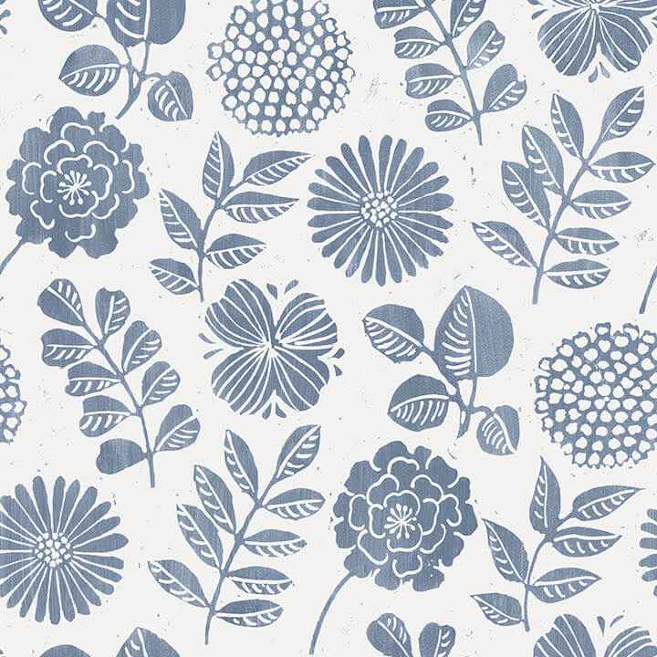 Inge Denim Floral Block Print Wallpaper - York Wallcoverings - 4066-26532 - York Wallcoverings Wallpaper